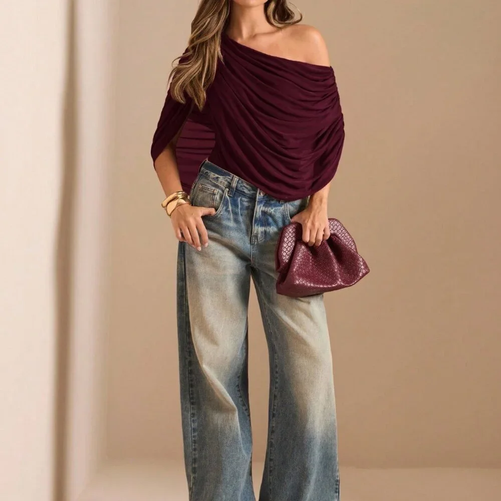 Maroon Off-Shoulder Ruched Women's Elegant Bodysuit